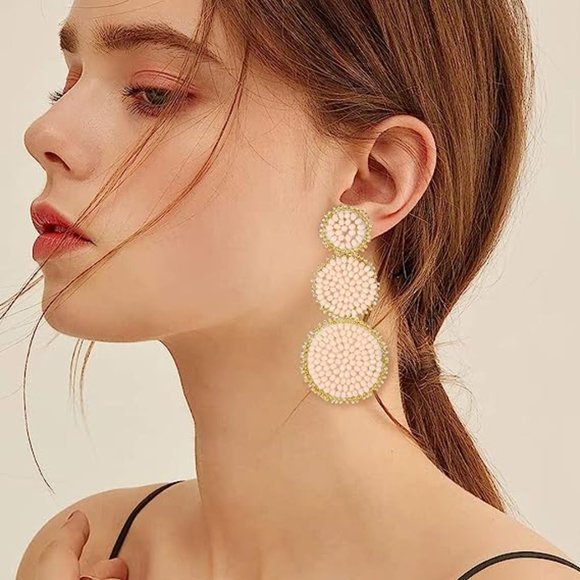 Petal Pink Champagne Beaded Triple Tier Earrings Bohemian Festival Statement New - Picture 3 of 11